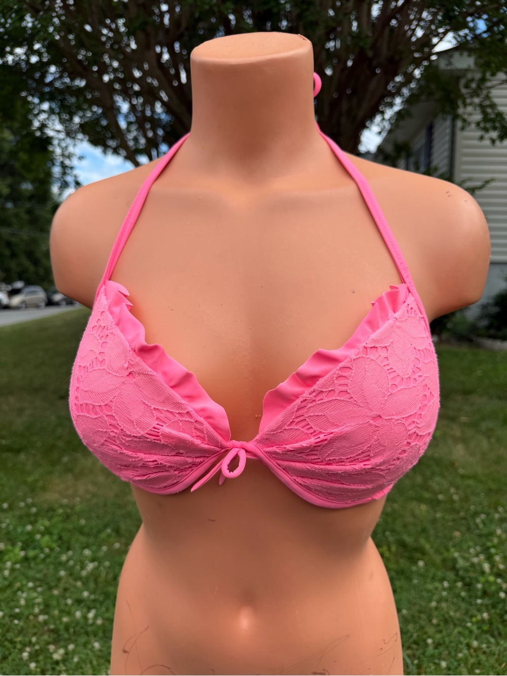 Pink Lace Ruffle Halter Bikini Top size 36C